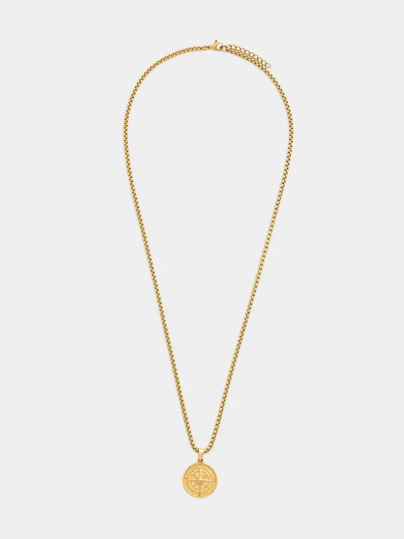 Icon Men's Stainless Steel Compass Pendant - Gold plated 55cm