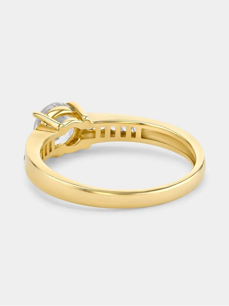 Yellow Gold Diamond & Created Sapphire Round Solitaire Channel Ring