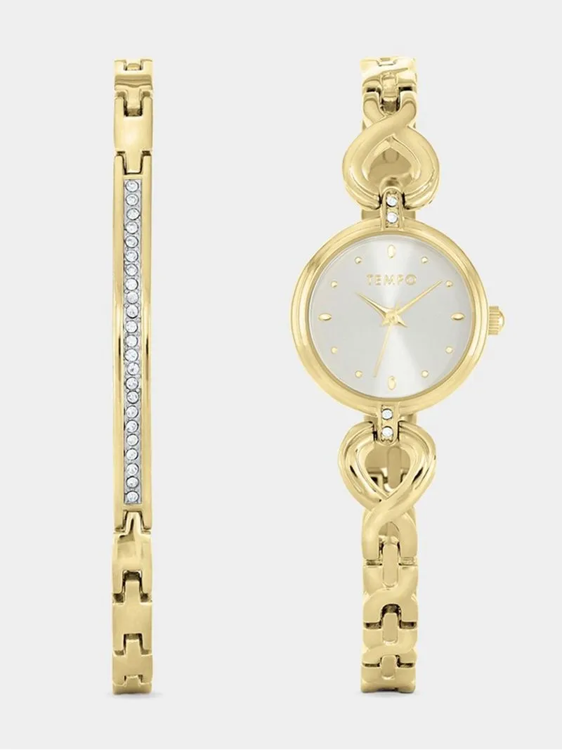 Tempo Woman's Silver Dial Gold Plated Watch 2 Piece Set