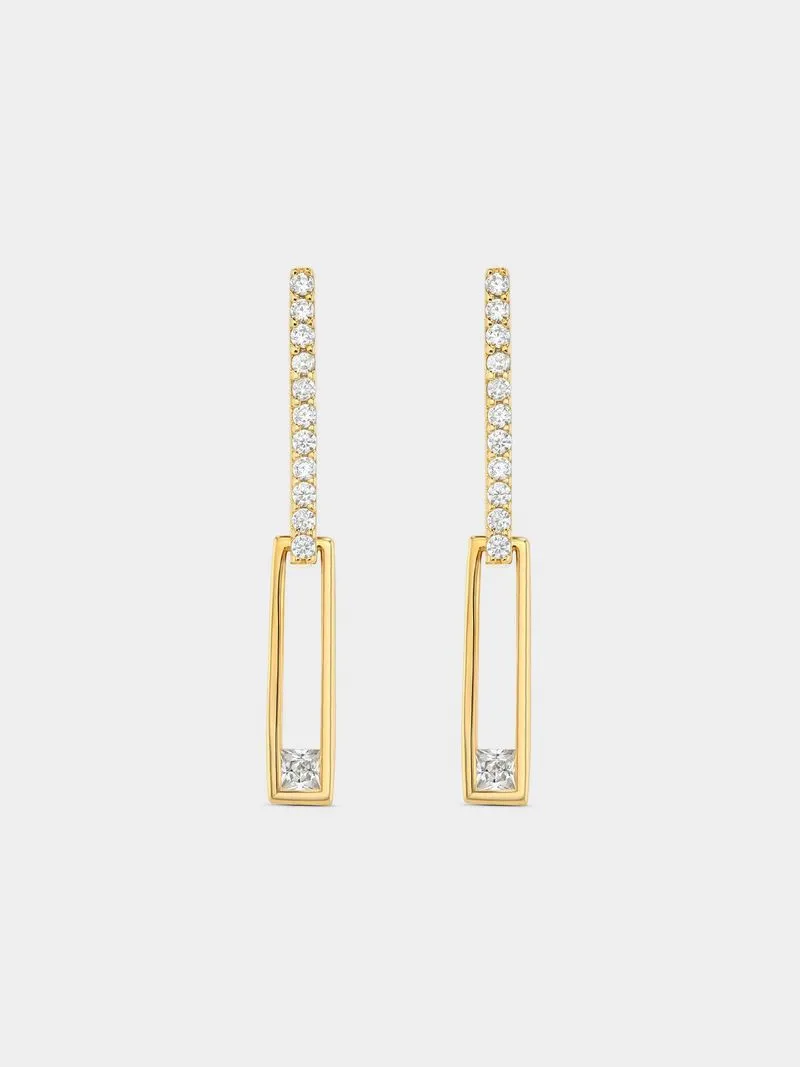 Gold Plated Sterling Silver Cubic Zirconia Bar Paperclip Drop Earrings