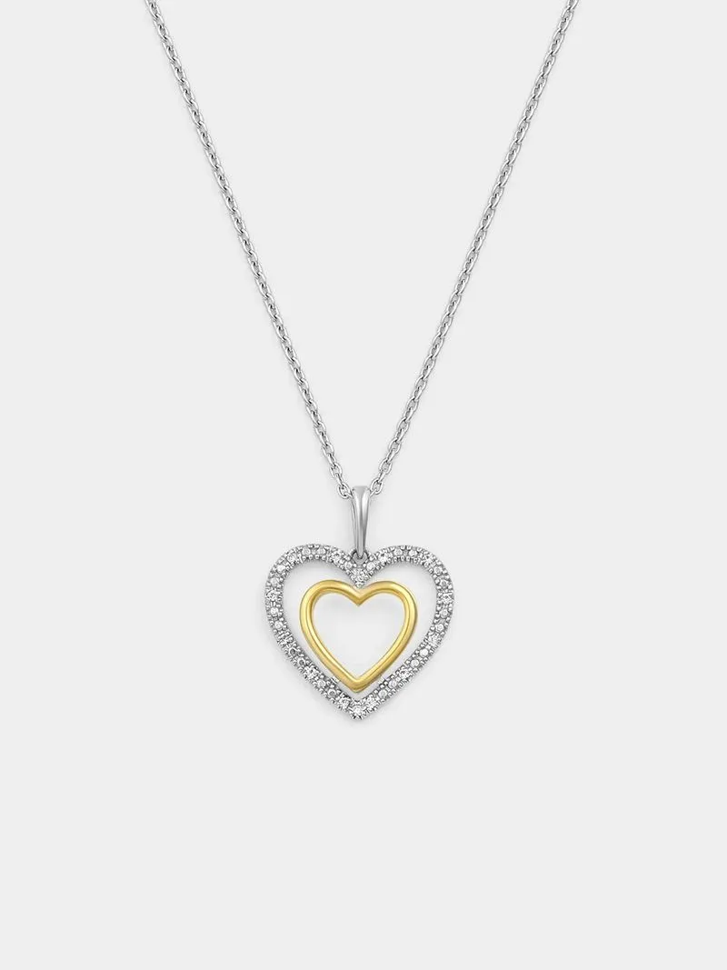 Yellow Gold & Sterling Silver Diamond & Created Sapphire Double Open Heart Pendant
