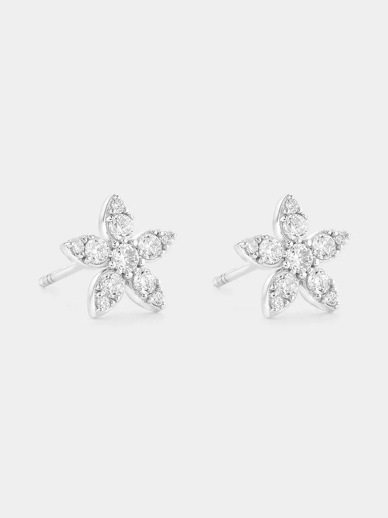 Rose Plated Sterling Silver Cubic Zirconia Flower Stud Earrings