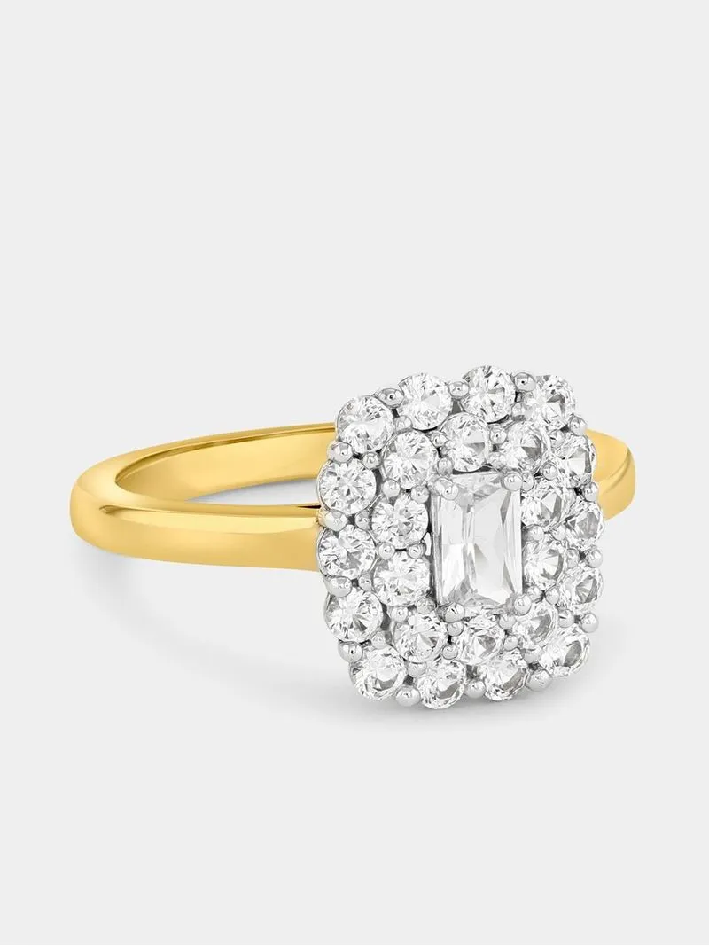 Yellow Gold Diamond & Created Sapphire Rectangle Cluster Ring
