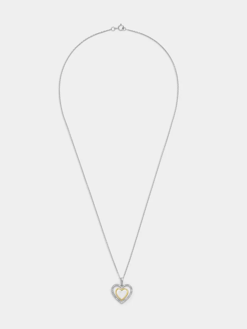 Yellow Gold & Sterling Silver Diamond & Created Sapphire Double Open Heart Pendant