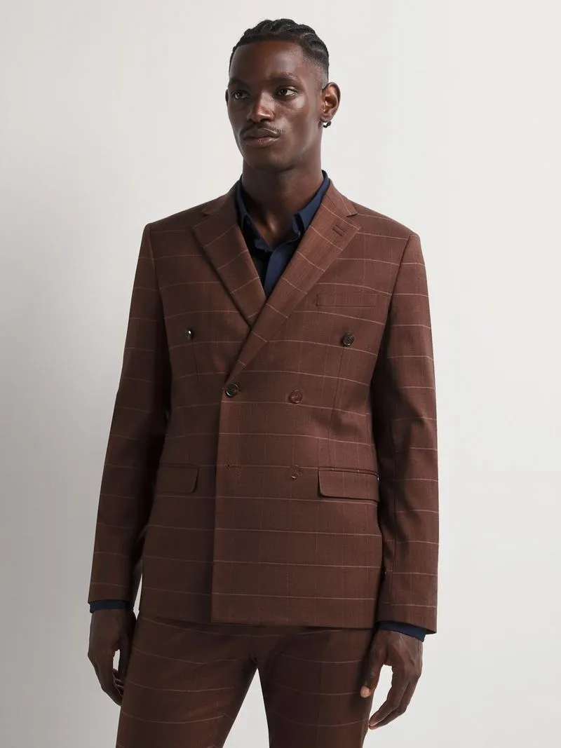 Men's Markham Slim Double Breasted Textured Windowpane Check Brown Suit Jacket