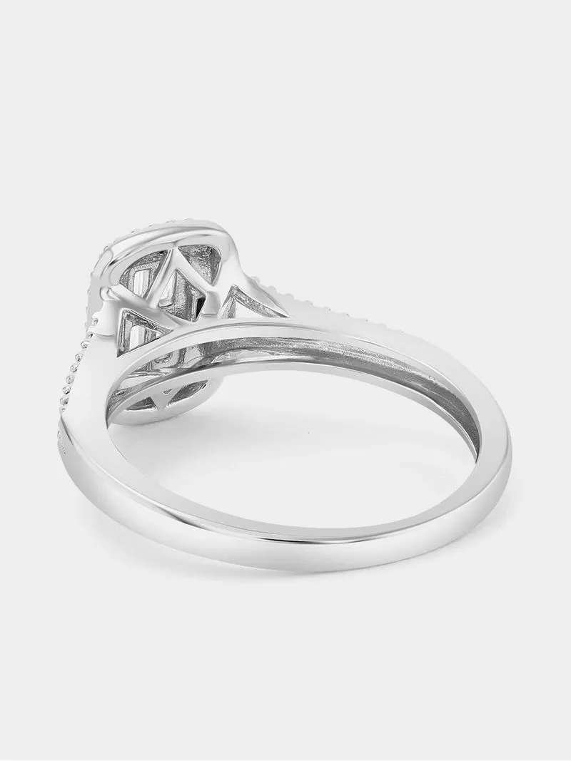 White Gold Diamond & Created Sapphire Rectangle Halo Ring