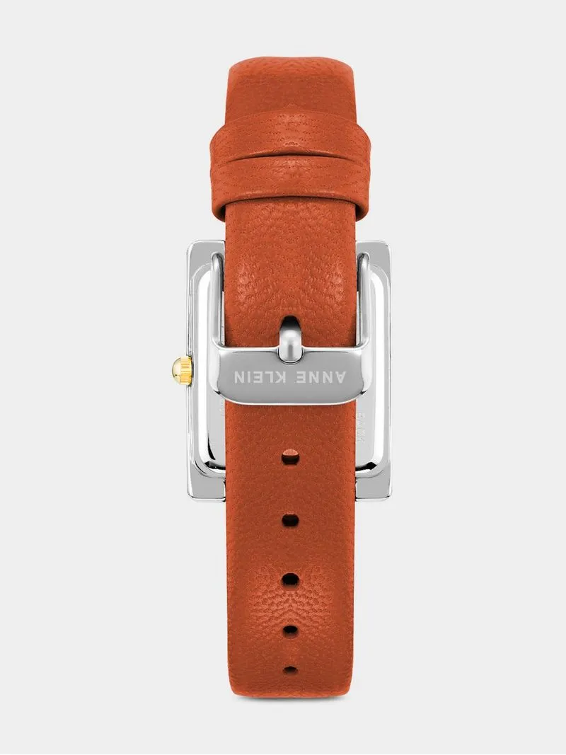 Anne Klein Silver & Gold Plated Rectangular Rust Leather Watch
