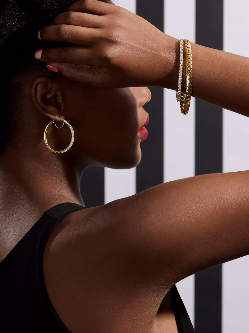 Yellow Gold & Sterling Silver Crystal Hoop Earrings