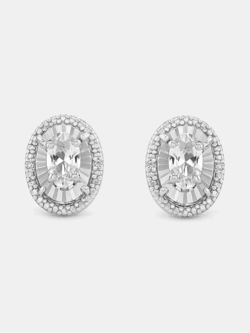 Sterling Silver Diamond & Created Sapphire Oval Illusion Stud Earrings