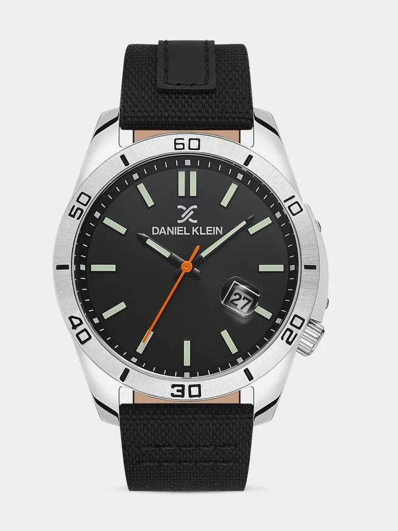 Daniel Klein Silver Plated Black Dial Black Leather Watch
