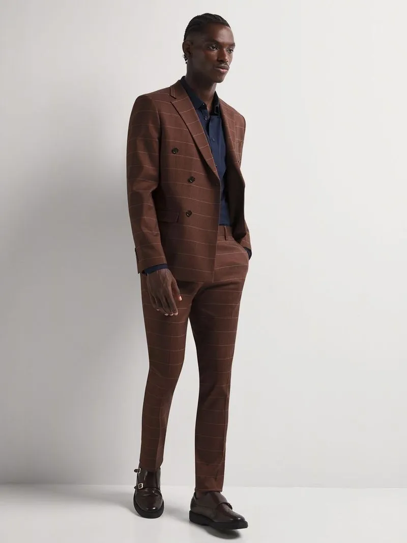 Men's Markham Slim Double Breasted Textured Windowpane Check Brown Suit Jacket