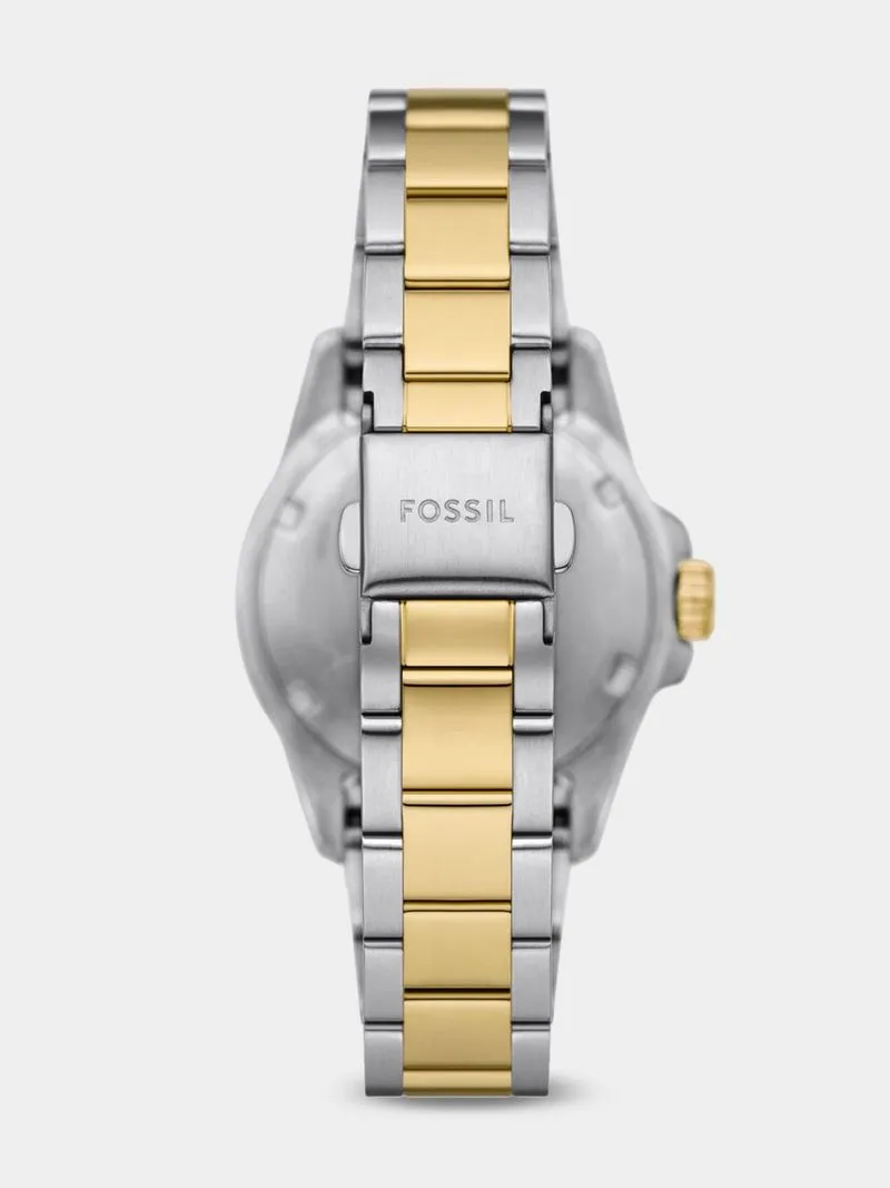 Fossil Blue Black Dial Silver & Gold Plated Stainless Steel Bracelet Watch