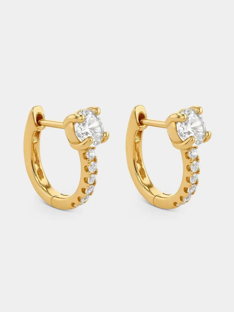 Gold Plated Sterling Silver Cubic Zirconia Solitaire Pave Hoop Earrings