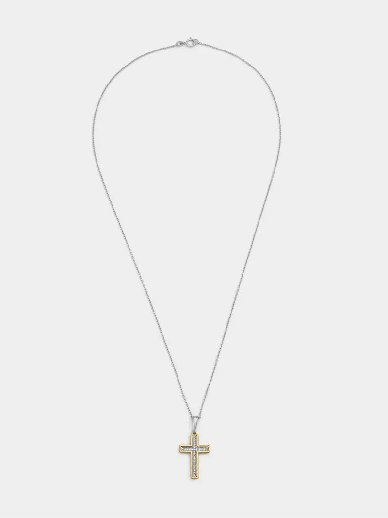 Yellow Gold & Sterling Silver Diamond & Created Sapphire Cross Pendant