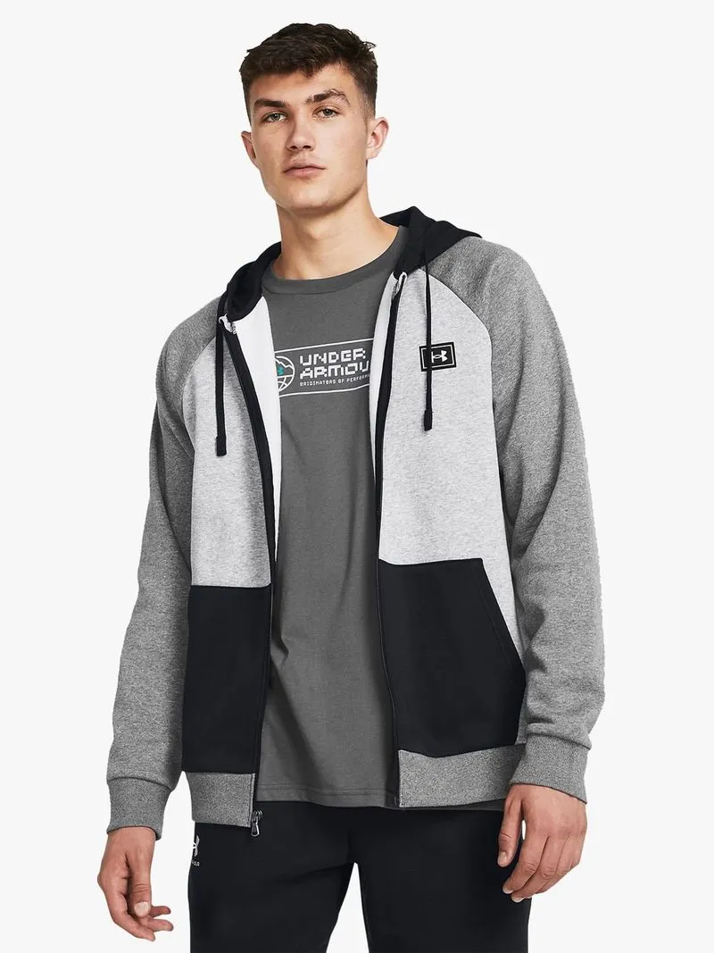Mens Under Armour Rival Fleece Colourblock Grey/White/Black Full Zip Hoodie