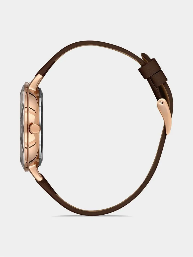 Daniel Klein Rose Plated White Dial Brown Leather Watch