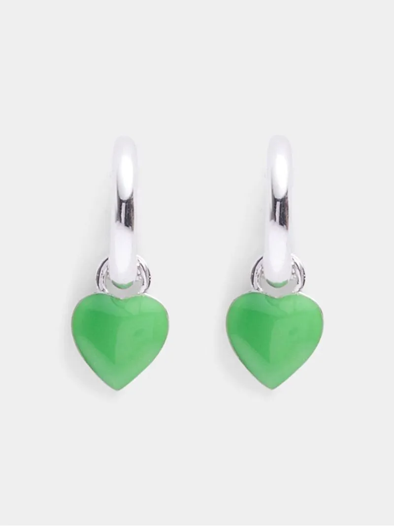 Rhodium Plated Brass Huggies with Green Enamel Heart Charm
