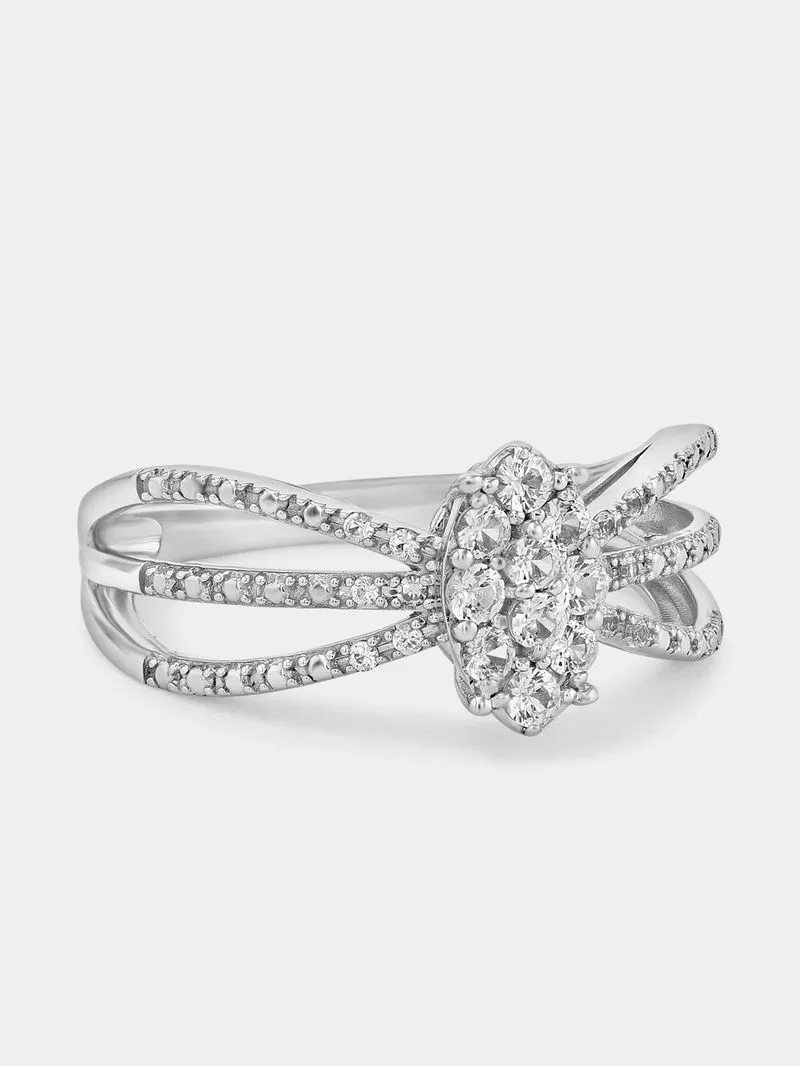 Sterling Silver Diamond & Created Sapphire Marquise Bow Ring