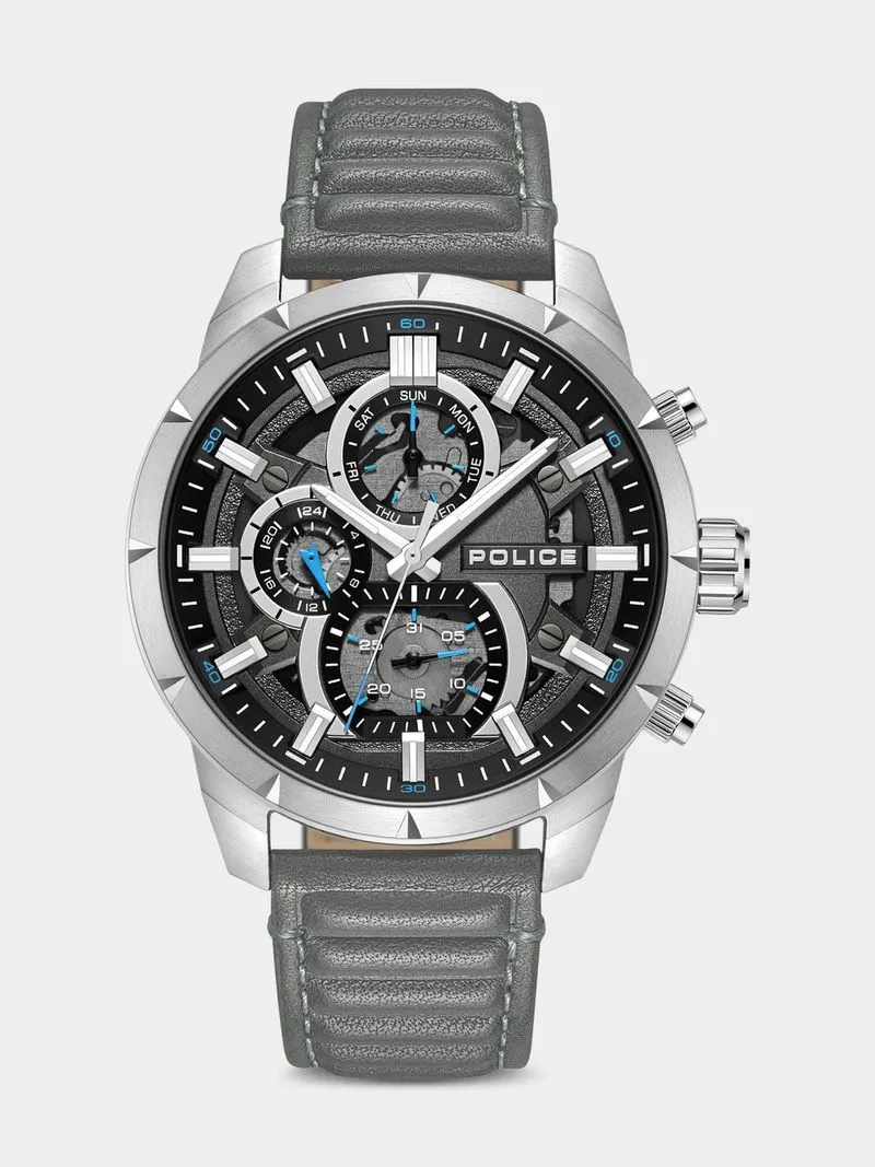 Police Neist Stainless Steel Black Dial Grey Leather Chronograph Watch