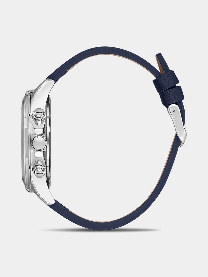Daniel Klein Silver Plated Blue Leather Chronographic Watch