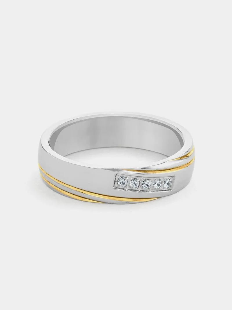 Stainless Steel Gold Plated Cubic Zirconia Men’s Dual Diagonal Grooves Ring