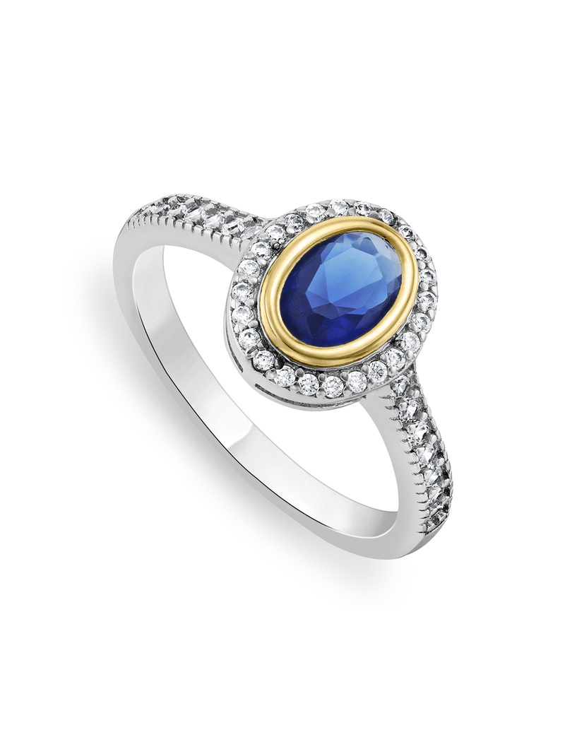 Yellow Gold & Sterling Silver, Blue Cubic Zirconia Oval Halo Ring