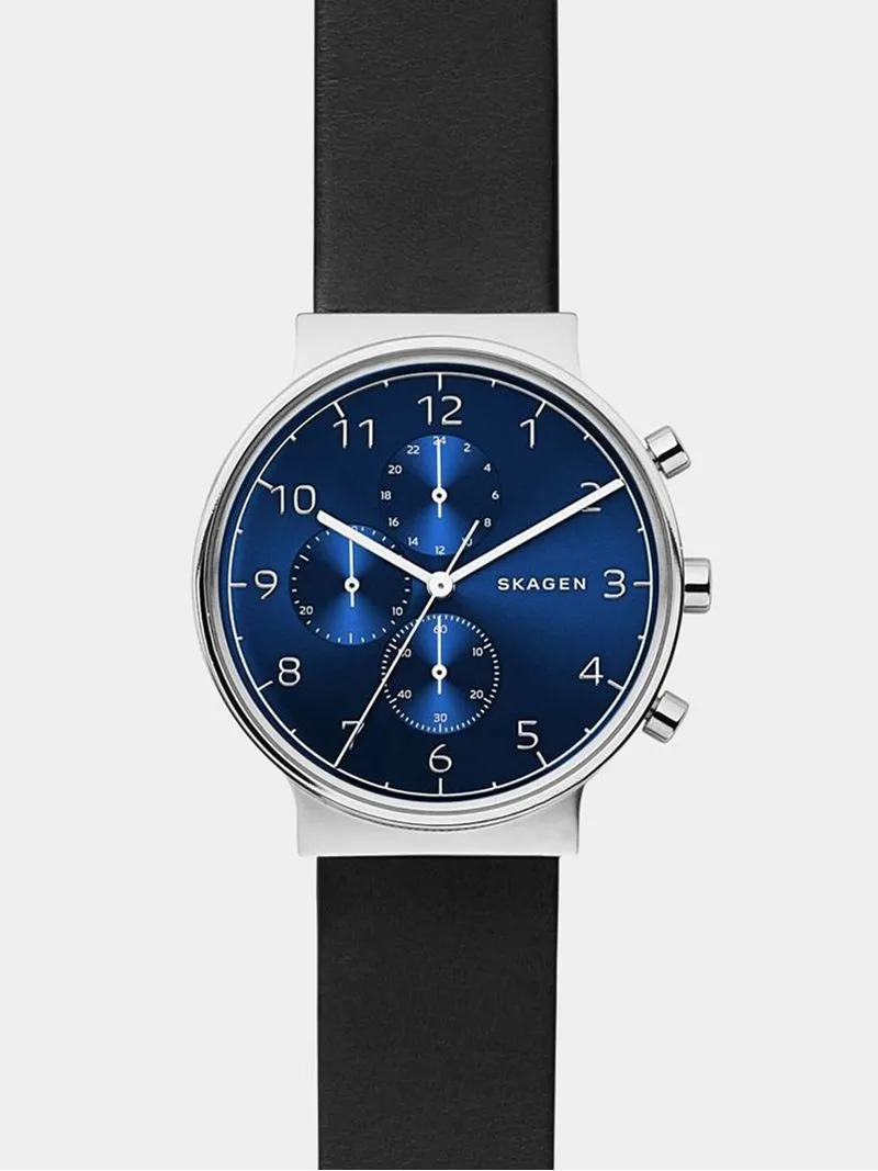 Skagen Men's Ancher Silver Plated Stainless & Black Leather Chronograph Watch