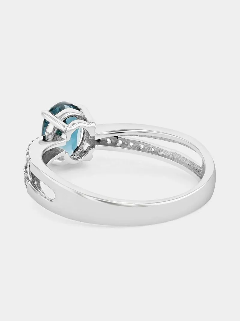 White Gold Diamond & London Blue Topaz Oval Bow Ring