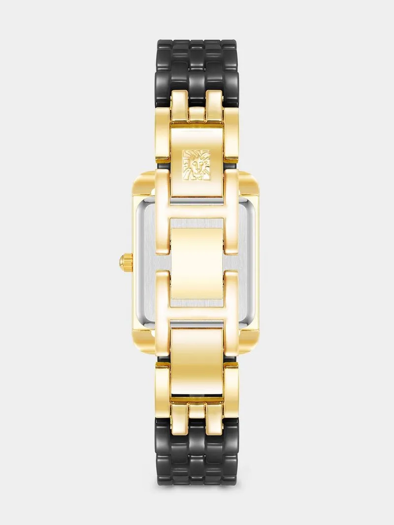 Anne Klein Gold Plate Rectangular Black Ceramic Bracelet Watch