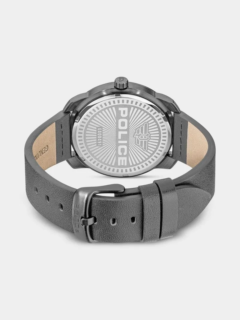Police Protector Gunmetal Plated Black Dial Grey Leather Strap