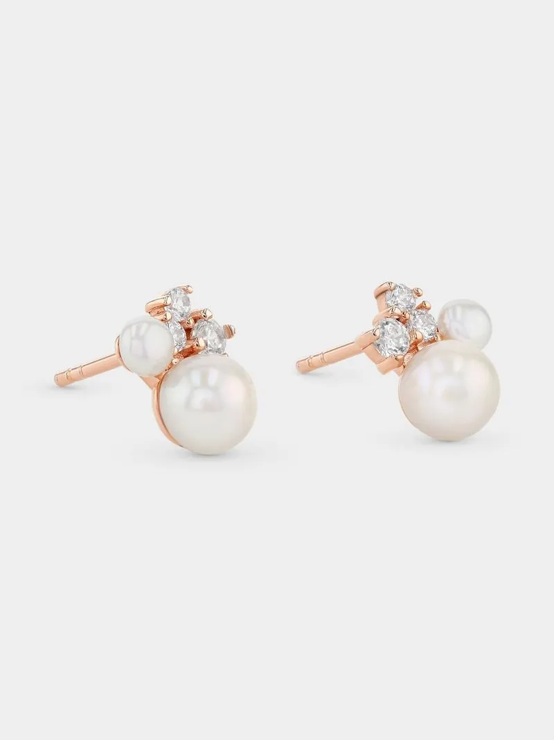Rose Gold Plated Sterling Silver Shell Pearl & Cubic Zirconia Stud Earrings