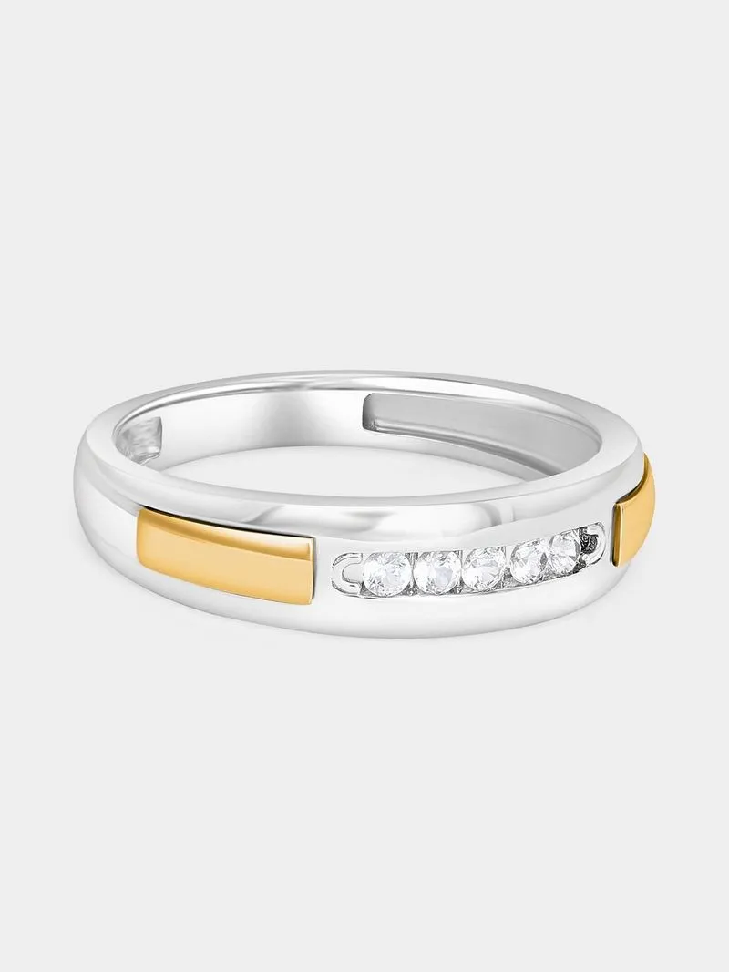 Yellow Gold & Sterling Silver Diamond Horizontal Groove Ring