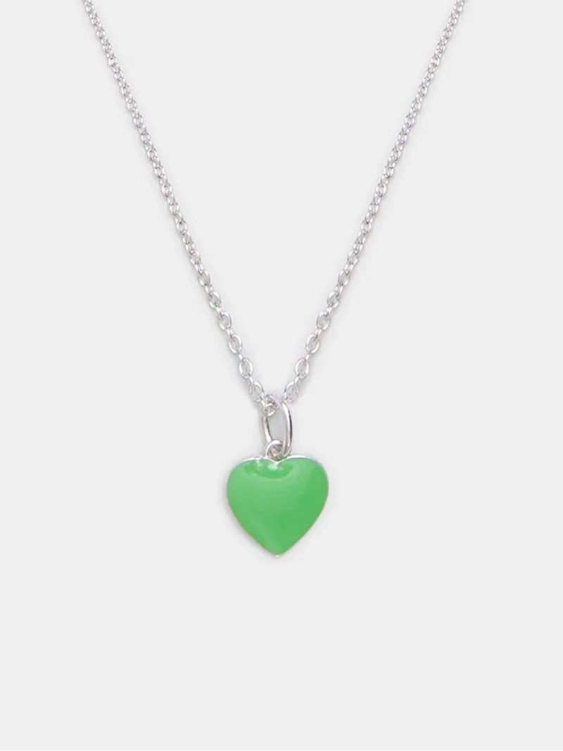 Rhodium Plated Brass Chain with Green Enamel Heart Pendant