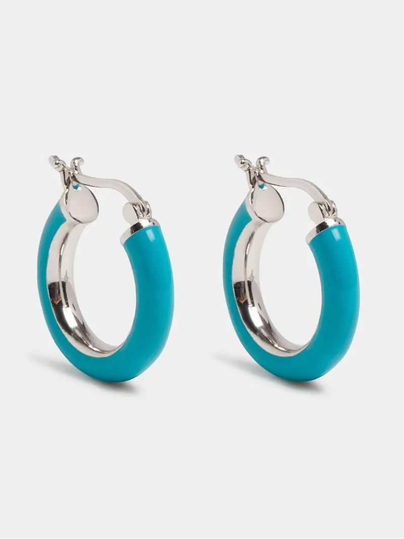 Rhodium Plated & Turquoise Enamel Brass Hoop Earrings
