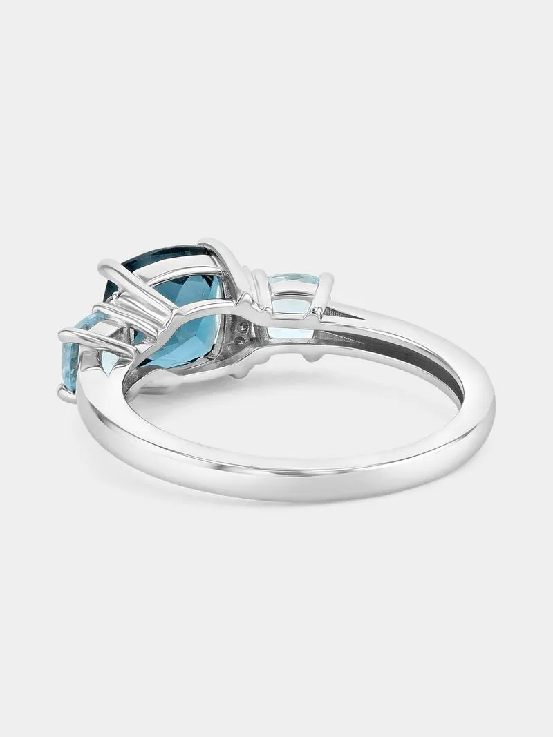 White Gold Diamond & Blue Topaz Cushion-Cut Trilogy Ring
