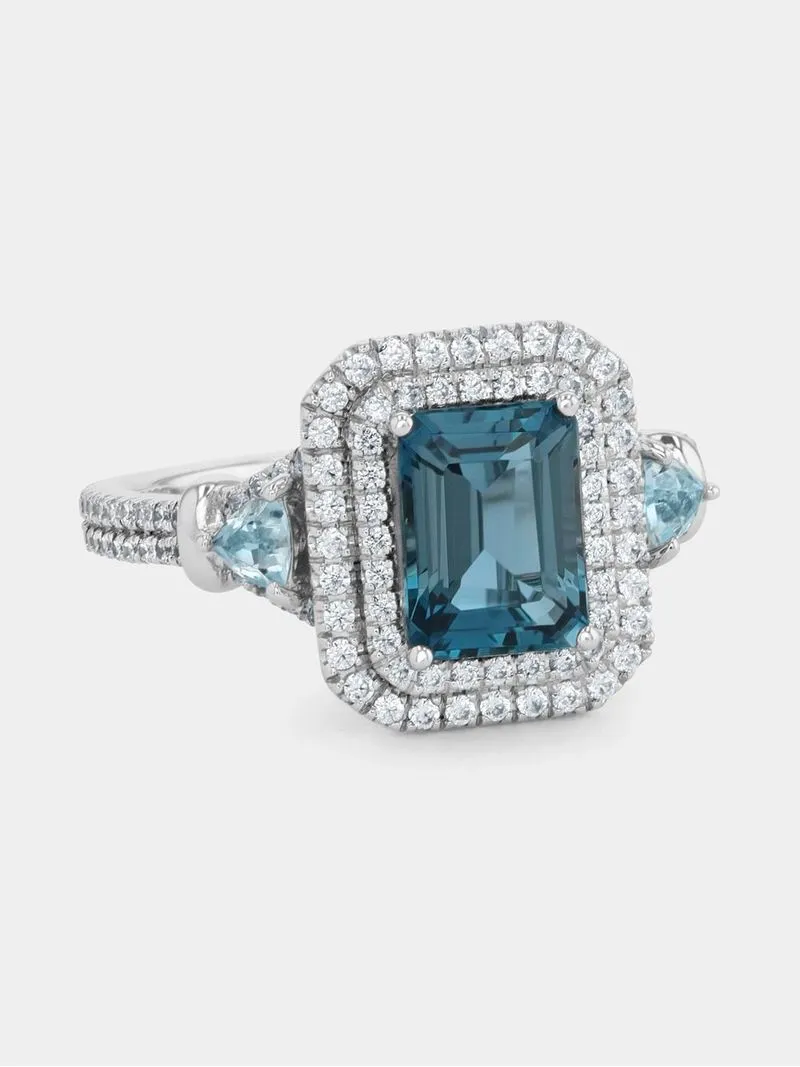 White Gold 0.53ct Diamond & London Blue Topaz Halo Trilogy Ring