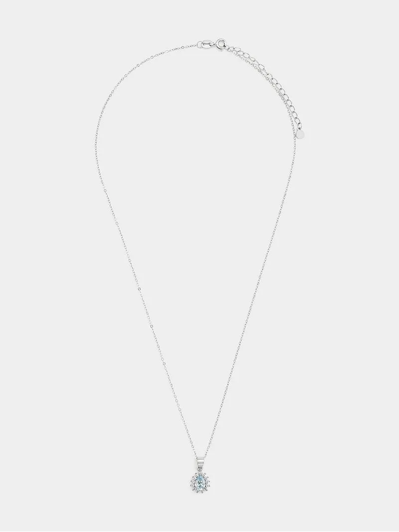 Sterling Silver Aquamarine Cubic Zirconia Pear Halo Pendant