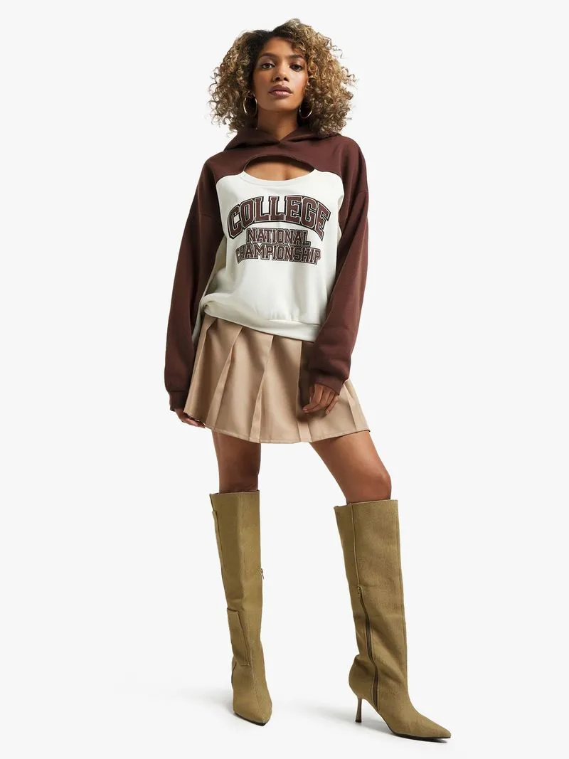 Women's Chocolate & Milk Fleece Cut Out Sweat With Graphic Print Hoodie