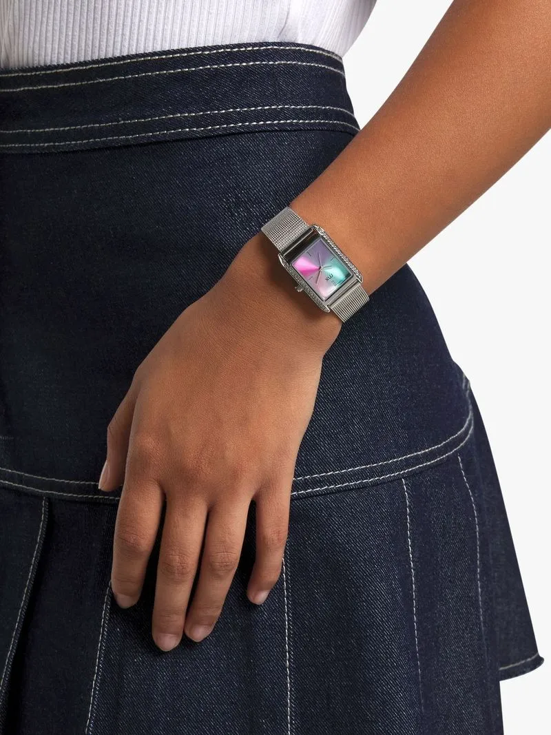 MX Silver Plated Rectangular Multi coloured Dial Mesh Watch