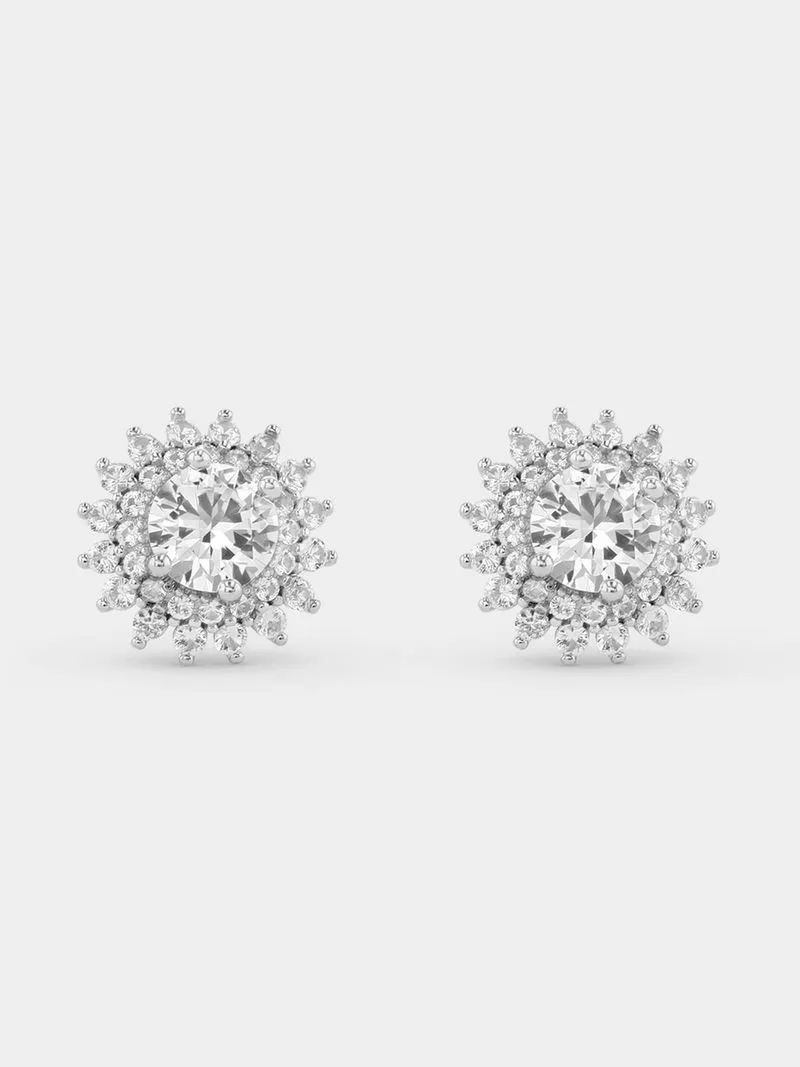 Sterling Silver Ladies Round Cluster Stud Earrings