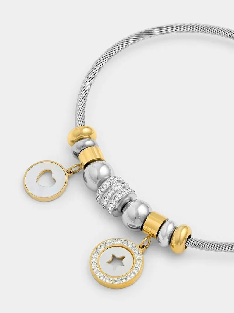 Tempo Jewellery Gold Plated Stainless Steel Cubic Zirconia Cable Bead Star Bangle
