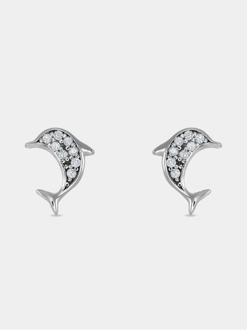 Sterling Silver Cubic Zirconia Kid's Dolphin Stud Earrings