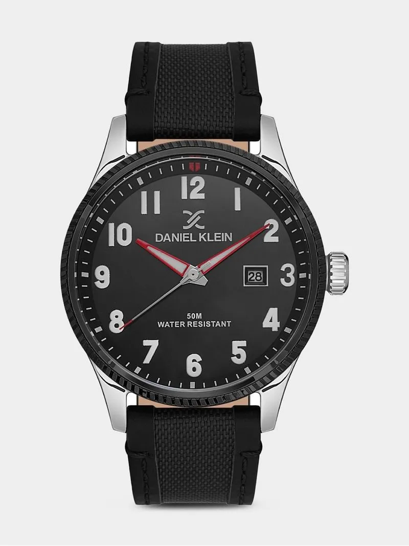 Daniel Klein Silver Plated Black Dial Black Leather Watch