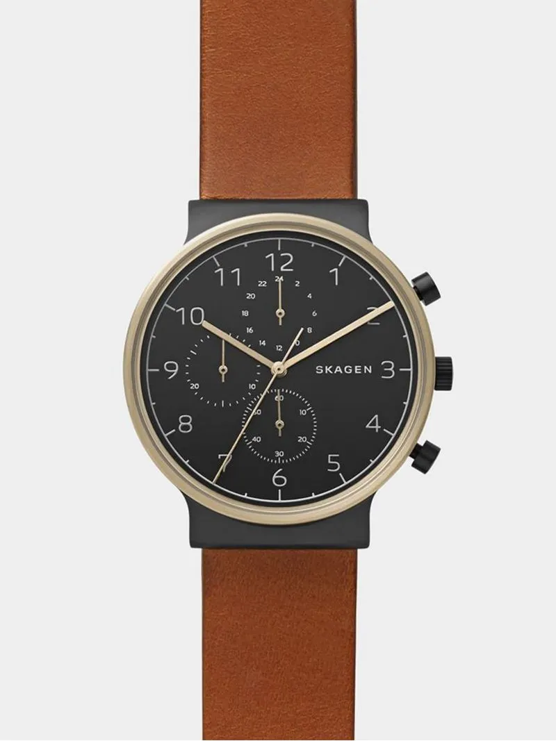 Skagen Men's Ancher Gold Plated Stainless & Brown Leather Chronograph Watch