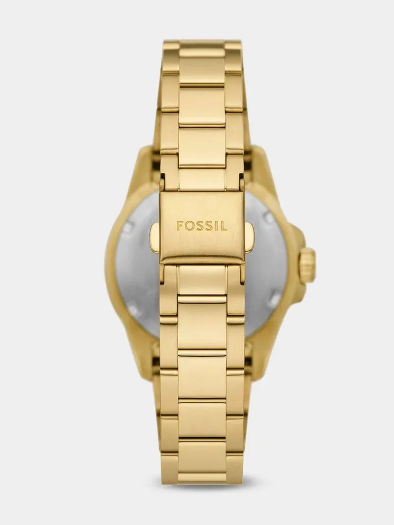 Fossil Blue White Dial Gold Plated Stainless Steel Bracelet Watch