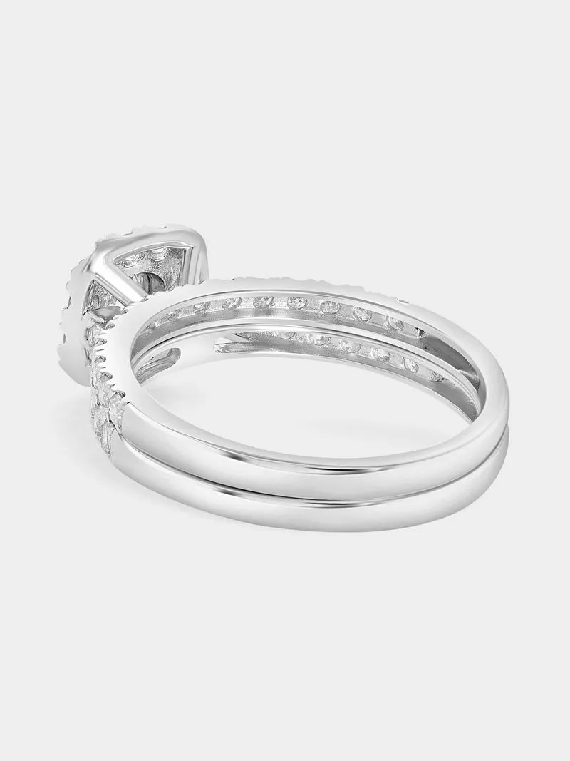 White Gold 0.96ct Diamond Solitaire Cushion Halo Twinset Ring