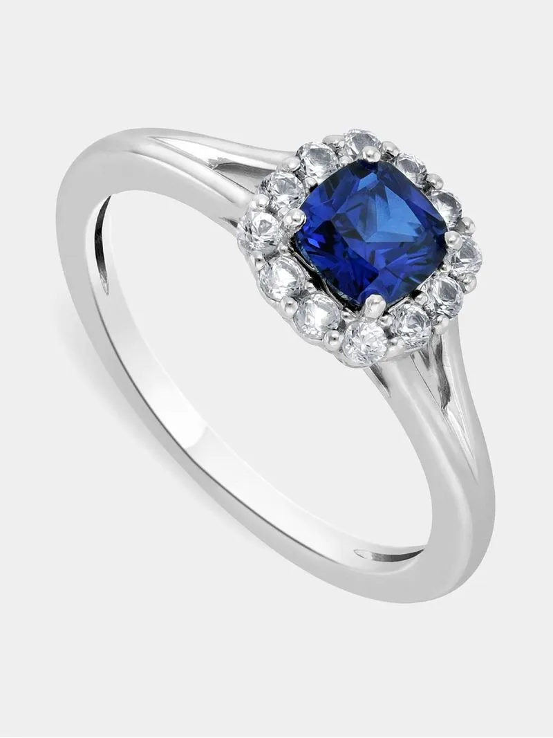 Sterling Silver Diamond & Created Blue Sapphire Cushion Halo Ring