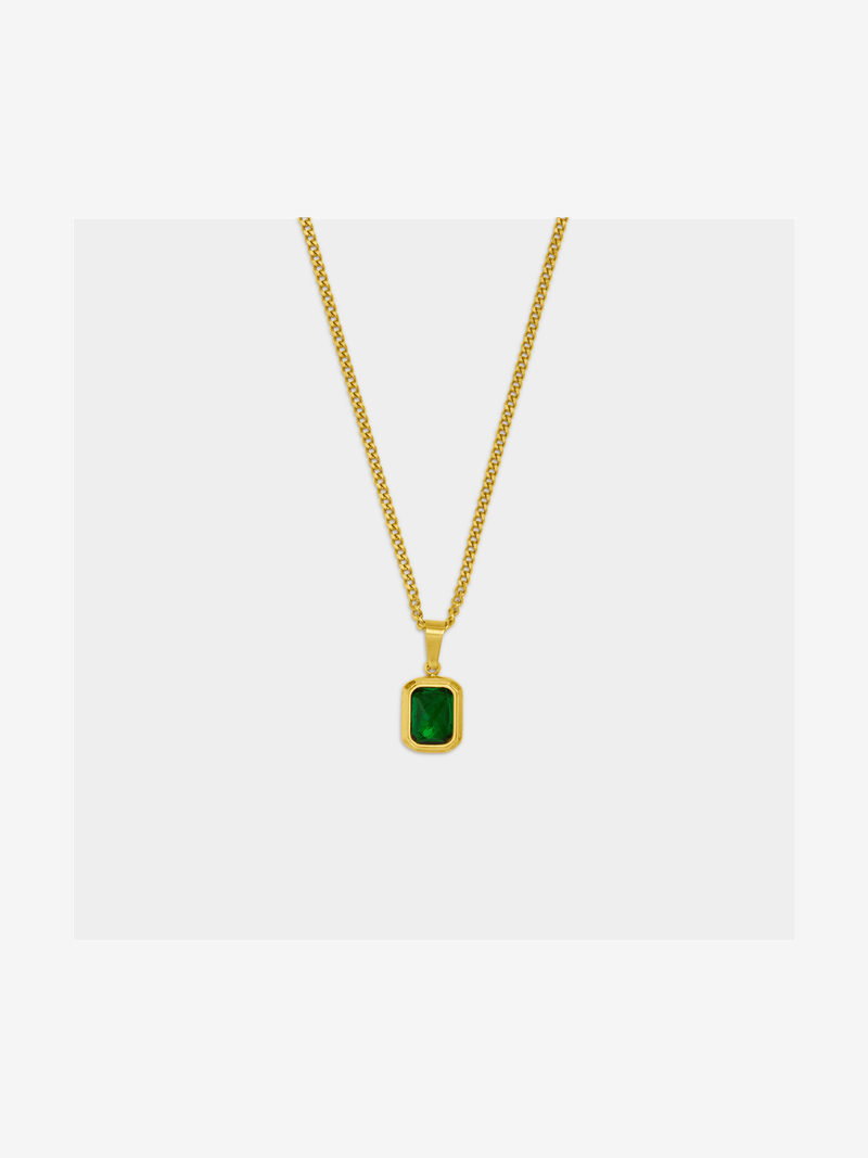 Stainless Steel 18ct Gold Plated Waterproof Figaro chain with emerald CZ tube pendant