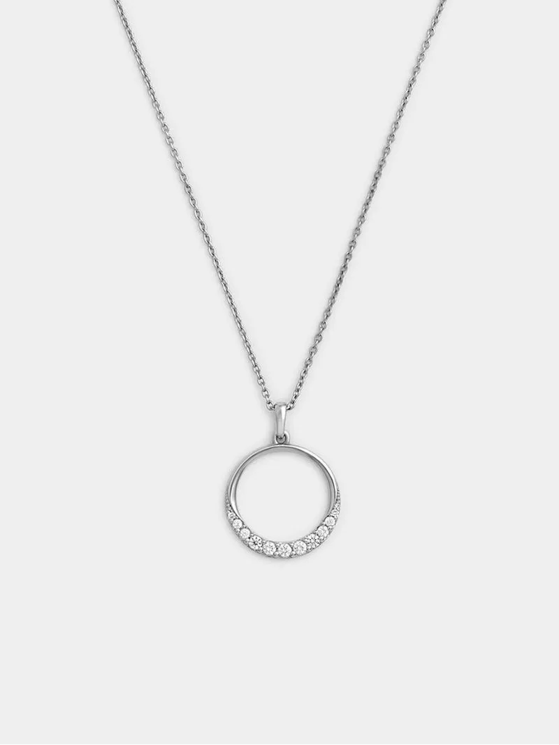 Sterling Silver Diamond & Created Sapphire Modern Circle Pendant