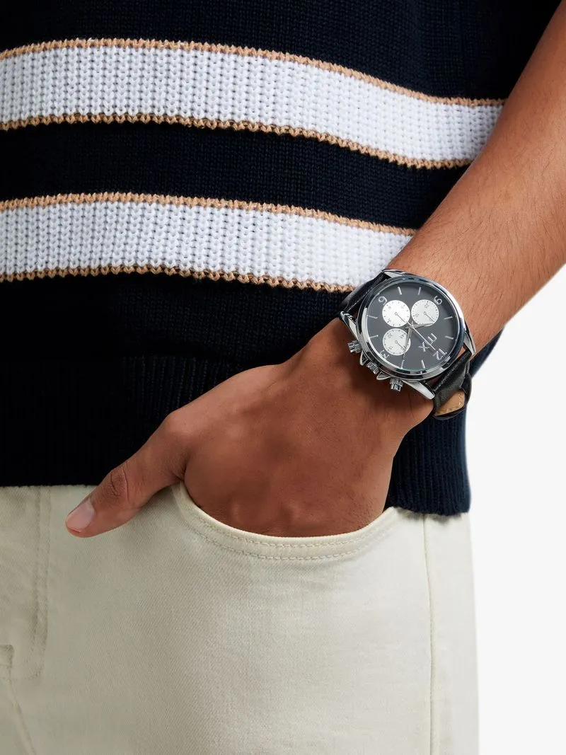 MX Silver Plated Black & Silver Tone Dial Black Faux Leather Watch